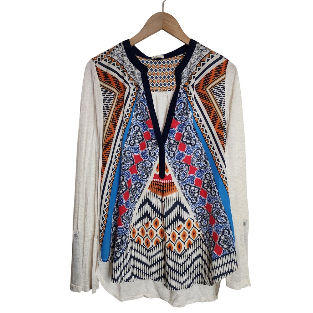 TINY Tunic Top Women L Cream Multi Geometric Boho V-Neck Long Sleeve Blouse